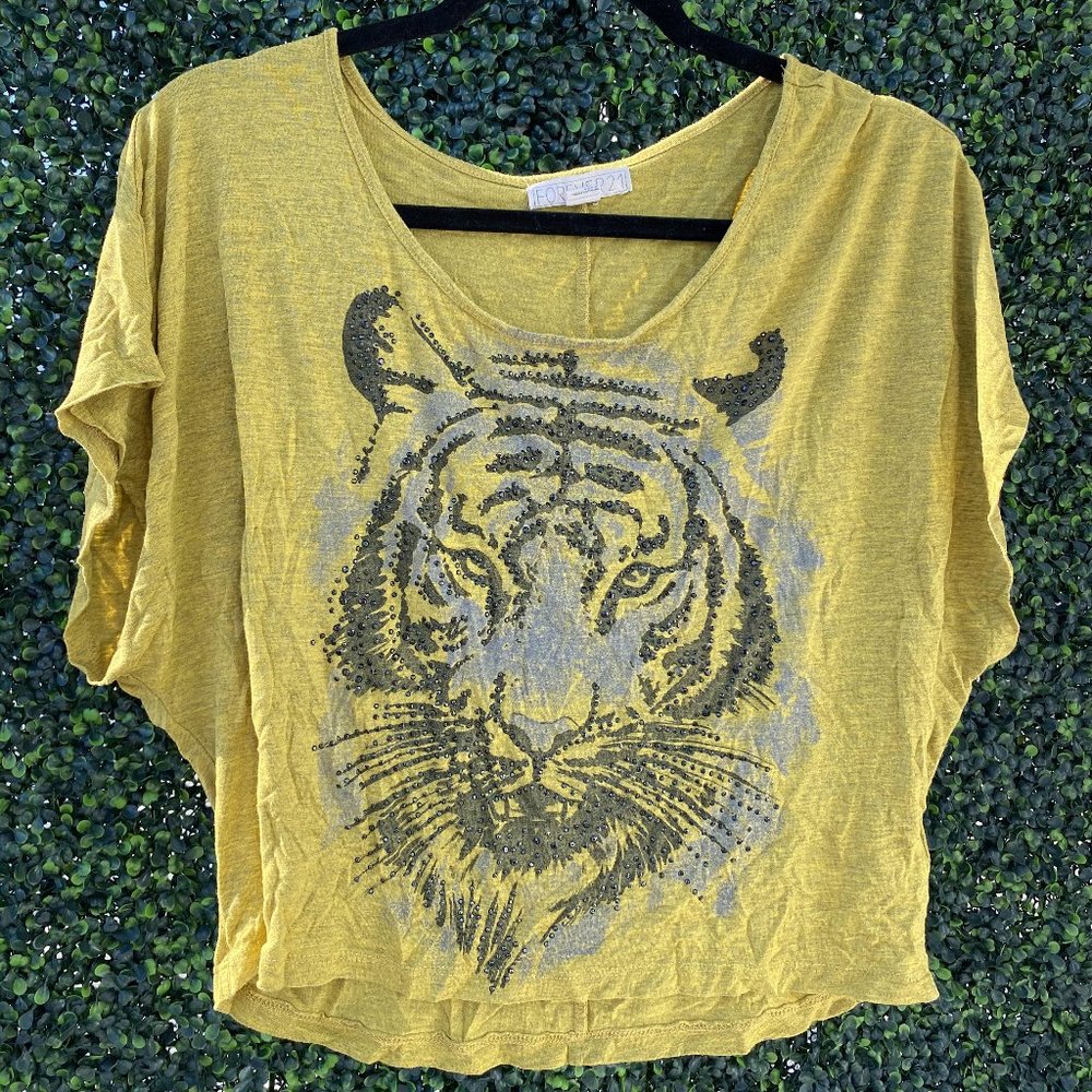 Green Graphic T-Shirt with Tiger & Rhinestones
